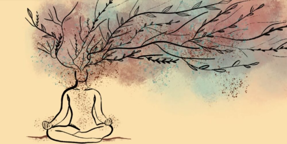 Dibujo de una persona meditando con una planta brotando de su cabeza, simbolizando crecimiento interior y equilibrio energético en micentrolasrozas.es. | Silencio Neuronal | Silencio Mental
