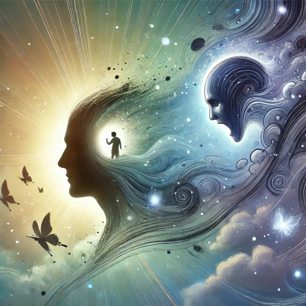 Persona rodeada por un campo de energía luminosa, simbolizando el equilibrio y la paz interior. Sombras oscuras se disipan en la luz, representando la liberación del miedo. Descripción: Ilustración digital de un proceso de sanación emocional, con colores suaves y elementos abstractos que evocan calma, bienestar y transformación interior. | liberar miedos y sus somatizaciones Micentrolasrozas.es