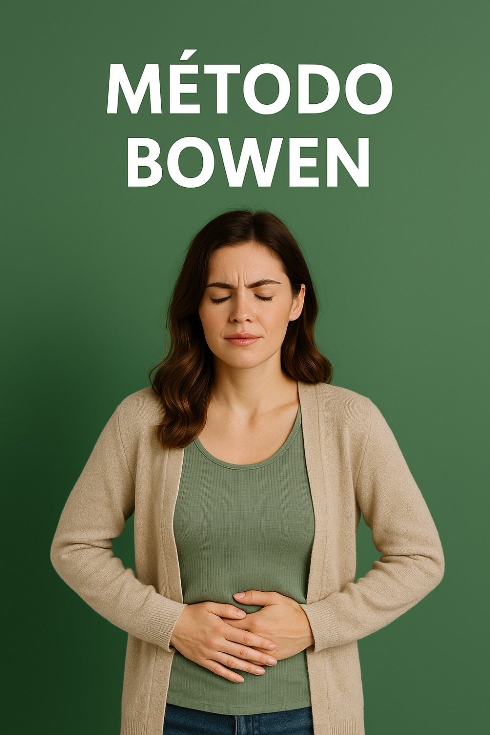 Mujer con expresión de malestar abdominal, sentada con las manos sobre el vientre, frente a un fondo verde con el texto "Método Bowen".