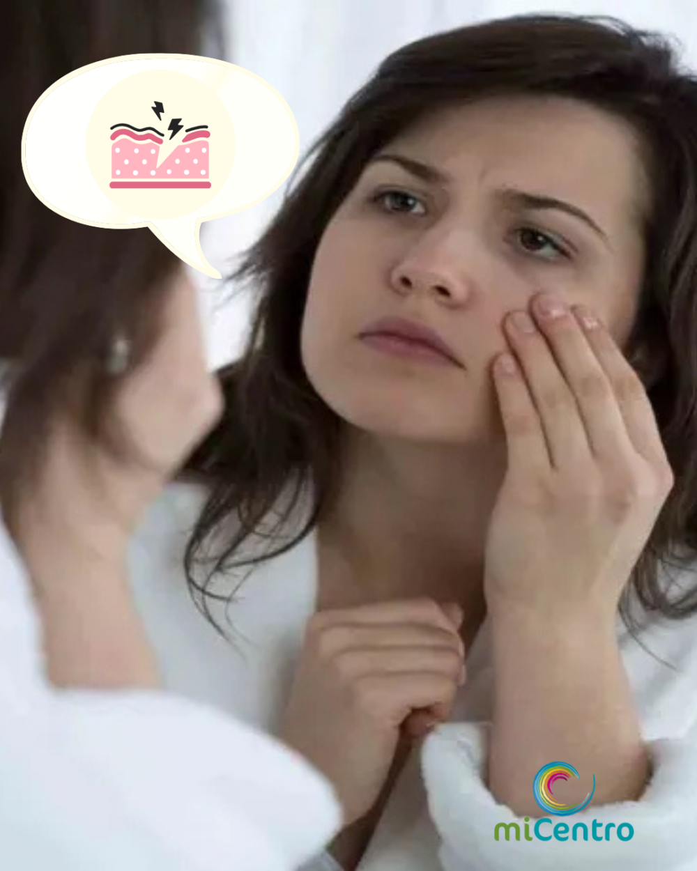 Imagen de una mujer viendose al espejo, le parece ver que su piel está dañada, tiene ojeras, etc | | El estrés envejece tu piel