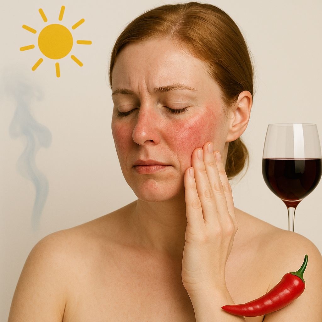 mujer con la piel reácea junto a un sol, alcohol y picante
