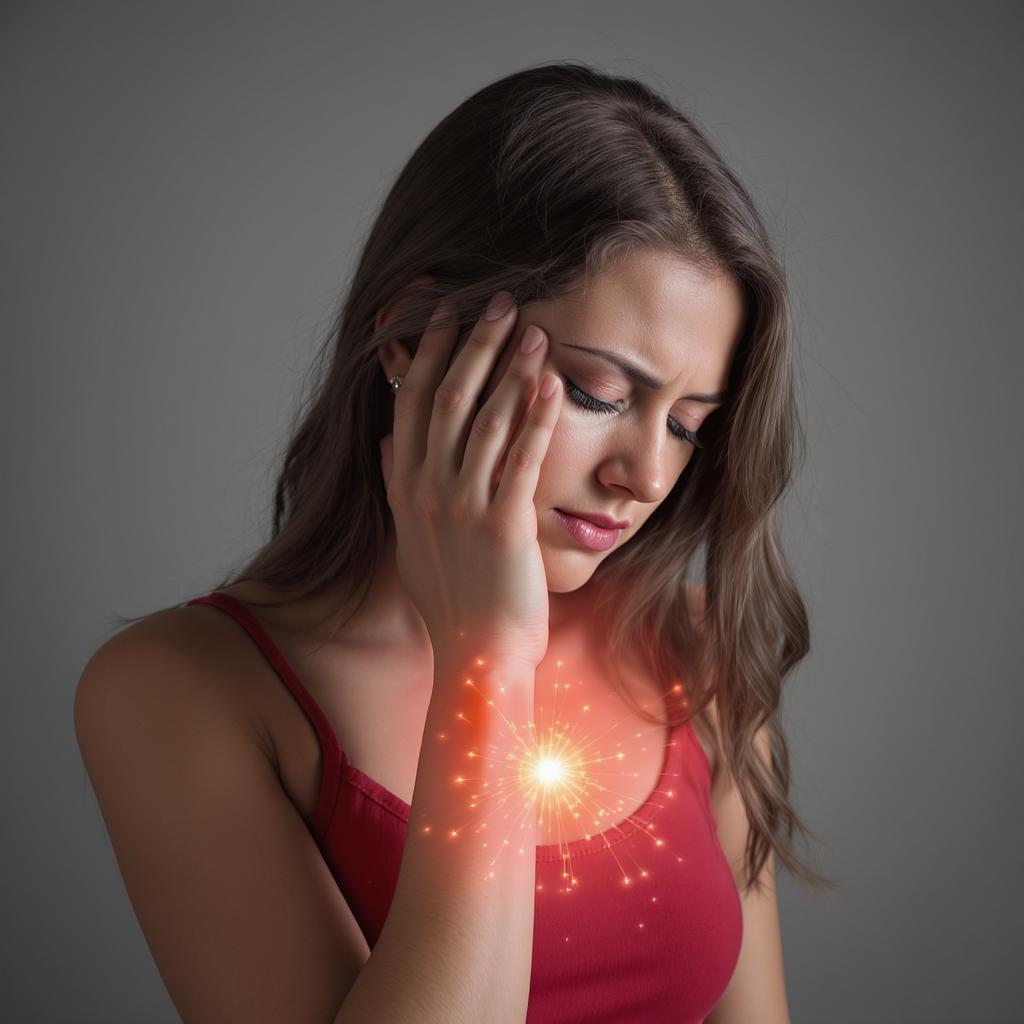Mujer joven con expresión de dolor y preocupación, tocándose la cabeza. La imagen muestra efectos visuales que simbolizan el dolor y el estrés emocional, representando lo que causa acumular emociones reprimidas en tu cuerpo