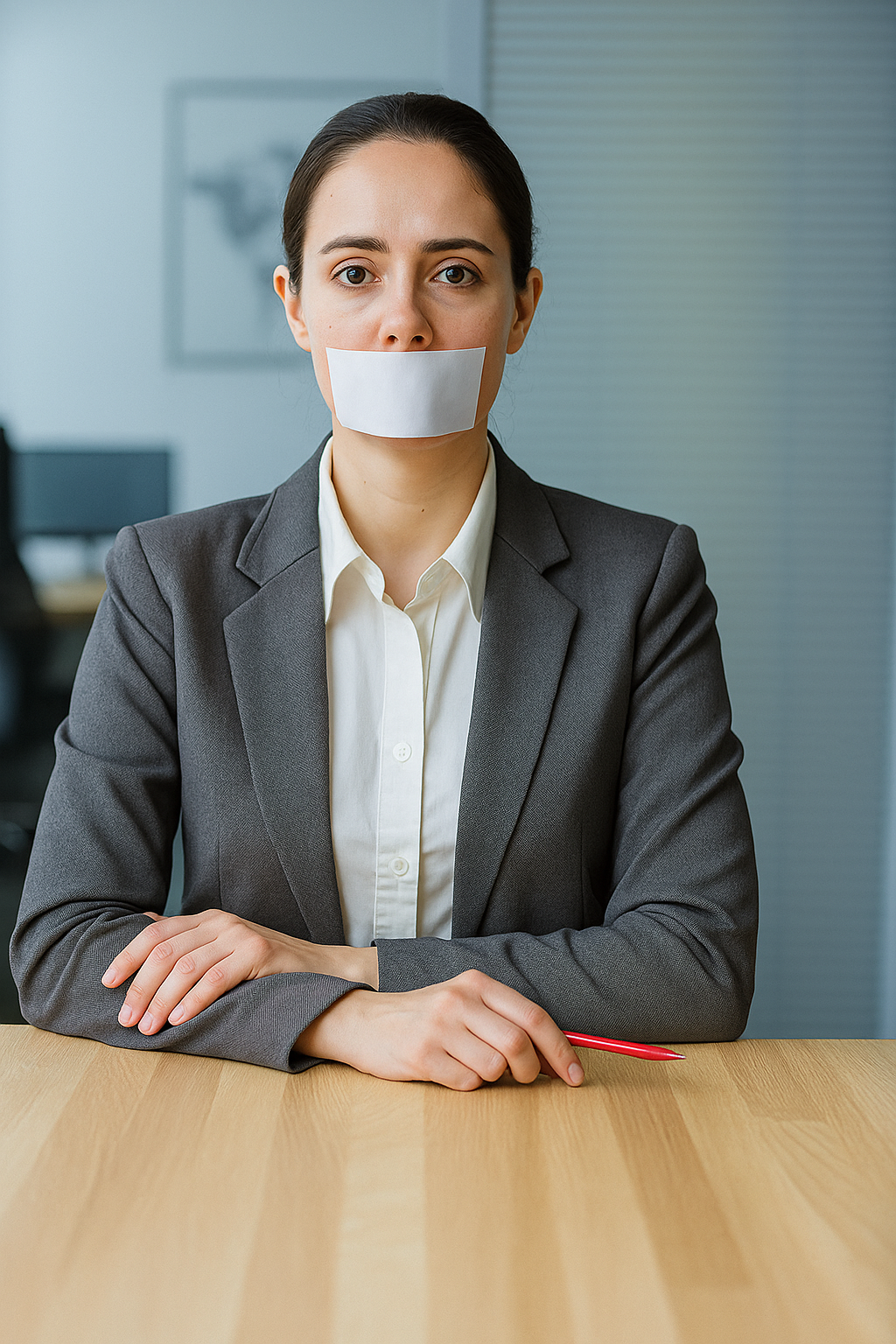 Mujer con una cinta en la boca en el trabjo, representando que se está callando cosas que muchas veces le encantaría decir. Aprende a desbloquear tu voz interna