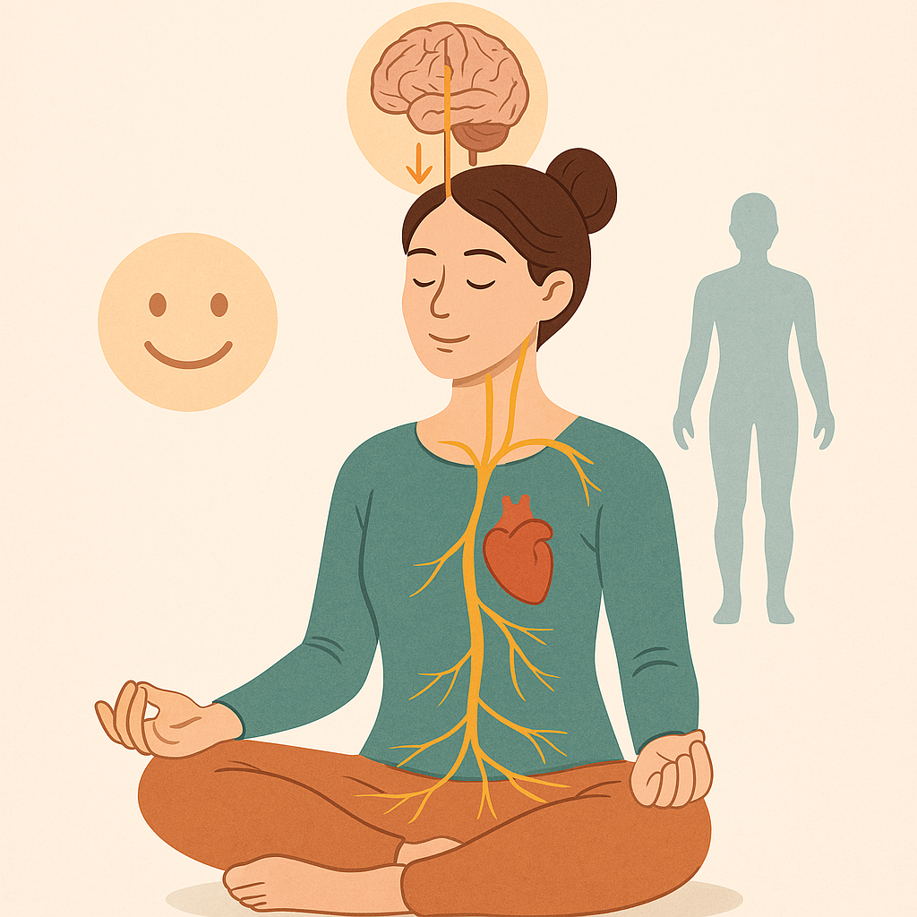 Representación visual del equilibrio cuerpo-mente alcanzado mediante la activación del nervio vago, con elementos naturales que evocan calma, salud y conexión interior