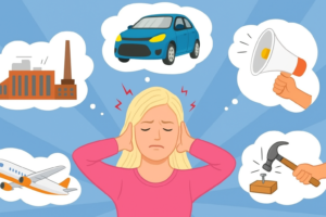 Mujer rubia queriendo silencio rodeada a molestias auditivas