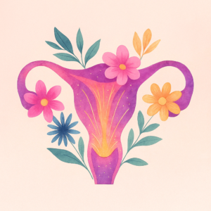 Ilustración digital en acuarela de un útero humano estilizado en tonos morados y rosados, decorado con flores y hojas coloridas. Representa salud ginecológica, bienestar femenino y conciencia menstrual.