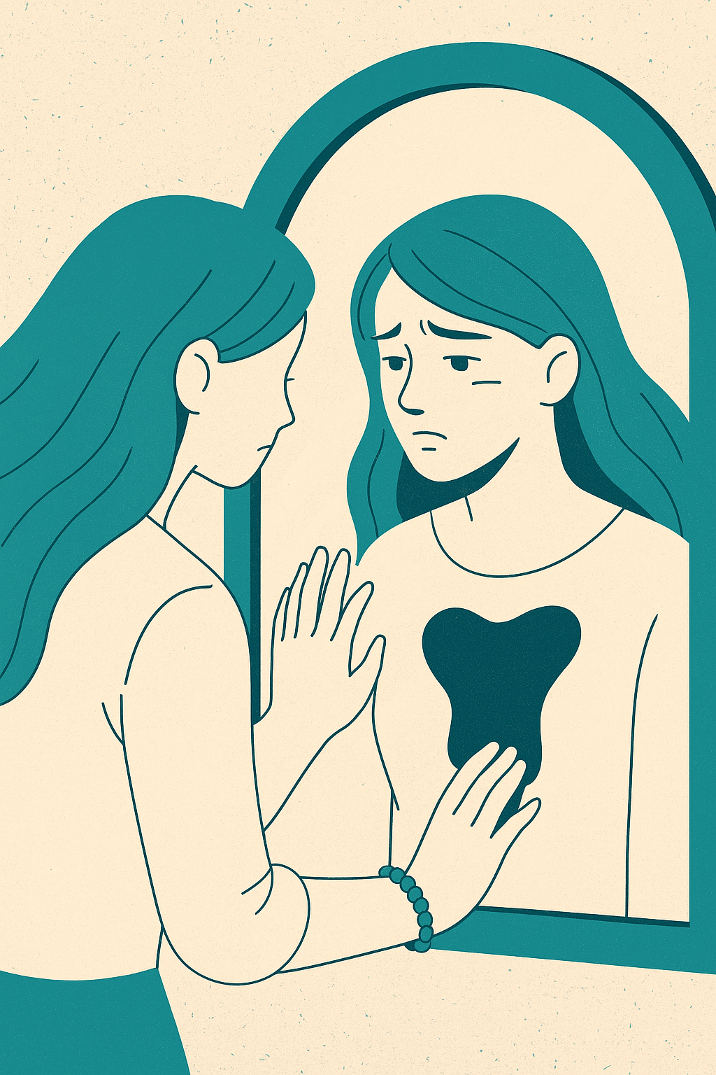 Ilustración de una mujer mirando su reflejo en el espejo, con una mancha oscura en forma de corazón en el pecho, simbolizando el autoabandono emocional y la necesidad de sanación.