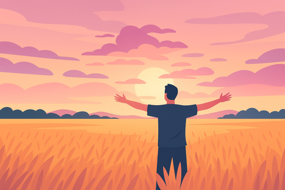 Imagen que inspira paz y conexión con la naturaleza. Un hombre abraza el horizonte en un campo, reflejando una sensación de libertad y bienestar emocional al final del día. Ideal para contenidos sobre mindfulness y superación.