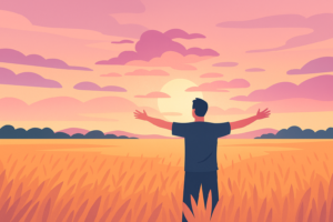 Imagen que inspira paz y conexión con la naturaleza. Un hombre abraza el horizonte en un campo, reflejando una sensación de libertad y bienestar emocional al final del día. Ideal para contenidos sobre mindfulness y superación.