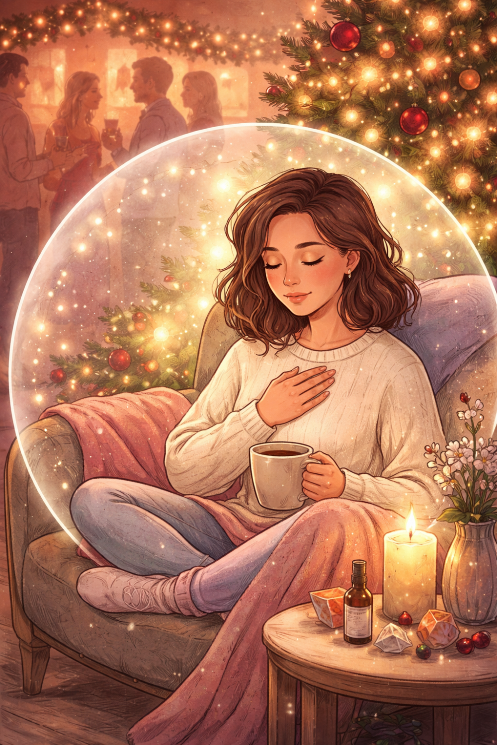 Ilustración de una mujer en actitud de autocuidado, protegida del ruido de las reuniones navideñas, disfrutando un momento de calma y descanso emocional
