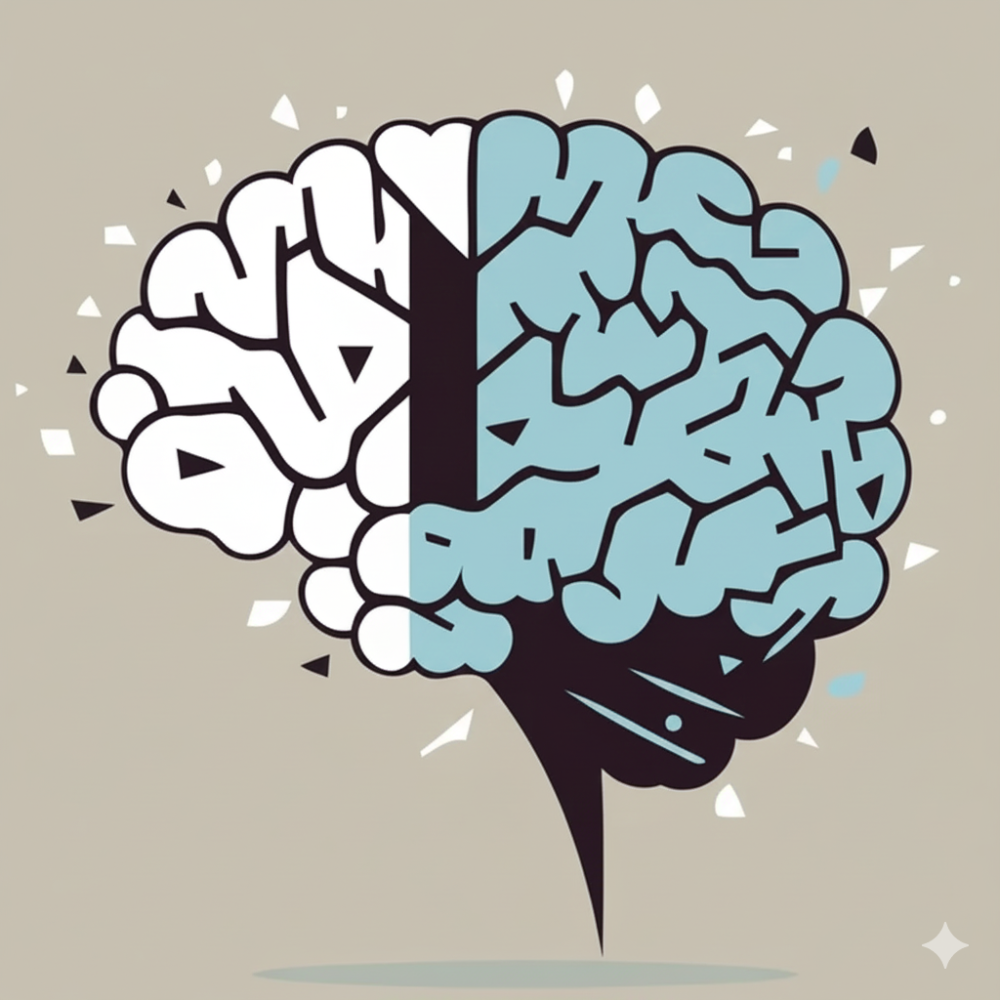 "Ilustración de un cerebro humano dividido en dos colores, blanco y azul suave, rodeado de fragmentos geométricos que sugieren dispersión o estrés. El diseño es de estilo minimalista y moderno, representando de forma visual el estado del sistema nervioso y la salud mental.