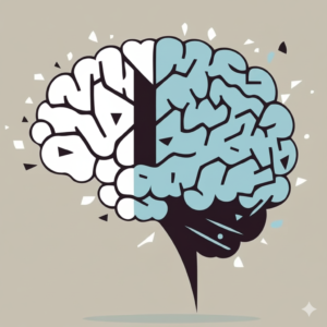 "Ilustración de un cerebro humano dividido en dos colores, blanco y azul suave, rodeado de fragmentos geométricos que sugieren dispersión o estrés. El diseño es de estilo minimalista y moderno, representando de forma visual el estado del sistema nervioso y la salud mental.