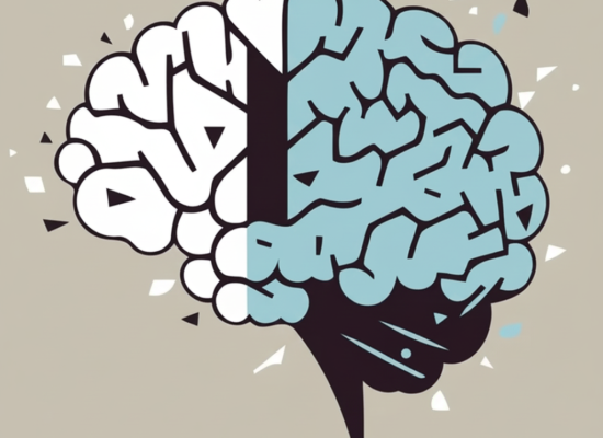 "Ilustración de un cerebro humano dividido en dos colores, blanco y azul suave, rodeado de fragmentos geométricos que sugieren dispersión o estrés. El diseño es de estilo minimalista y moderno, representando de forma visual el estado del sistema nervioso y la salud mental.