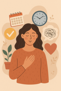 Ilustración de una mujer con los ojos cerrados y la mano en el pecho, rodeada de símbolos de calma, tiempo y emociones, representando el cierre de ciclos y la necesidad de un reset emocional al final del año.