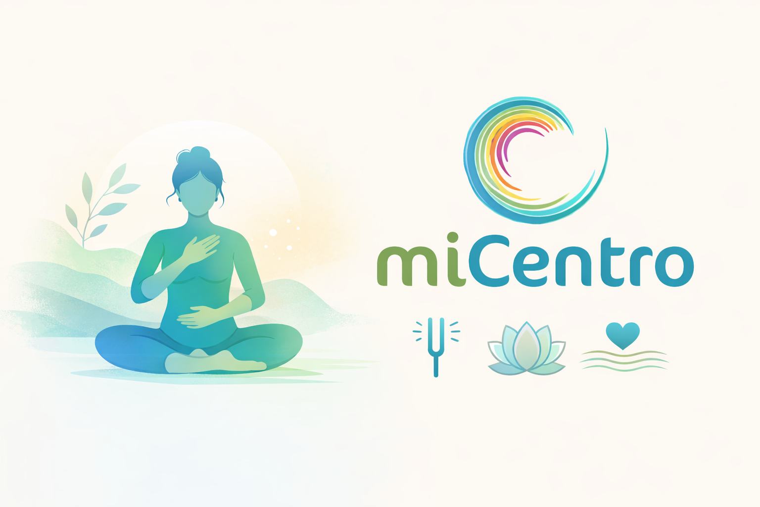 Ilustración de una mujer sentada en postura de meditación, con una mano en el pecho y otra en el abdomen, en tonos suaves verdes y azules que transmiten calma y equilibrio. A su lado aparece el logo de miCentro y símbolos de armonización energética, autocuidado y bienestar emocional.