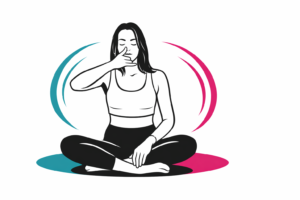 Ilustración minimalista de una mujer practicando respiración consciente, símbolo de calma, equilibrio energético y regulación del sistema nervioso para apoyar el sistema inmune.