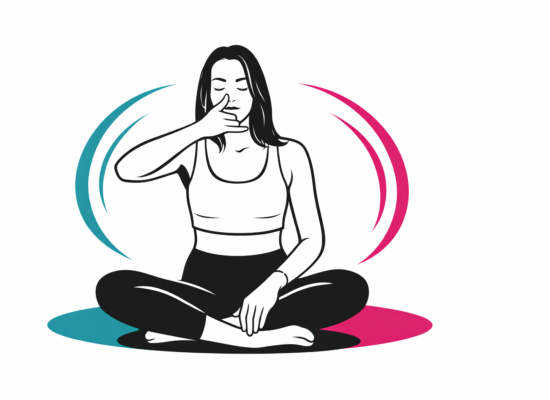 Ilustración minimalista de una mujer practicando respiración consciente, símbolo de calma, equilibrio energético y regulación del sistema nervioso para apoyar el sistema inmune.
