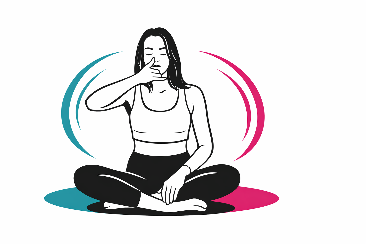 Ilustración minimalista de una mujer practicando respiración consciente, símbolo de calma, equilibrio energético y regulación del sistema nervioso para apoyar el sistema inmune.
