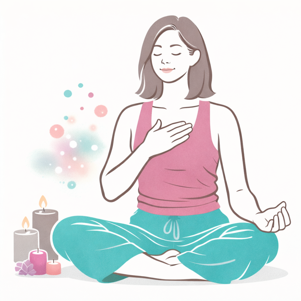 ilustración minimalista de una persona meditando en calma, con ojos cerrados y respiración consciente, rodeada de velas y elementos de bienestar en colores gris, azul y rosa de la marca.