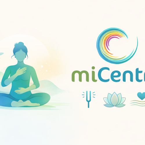 Ilustración de una mujer sentada en postura de meditación, con una mano en el pecho y otra en el abdomen, en tonos suaves verdes y azules que transmiten calma y equilibrio. A su lado aparece el logo de miCentro y símbolos de armonización energética, autocuidado y bienestar emocional.