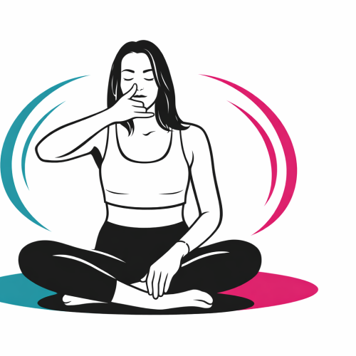 Ilustración minimalista de una mujer practicando respiración consciente, símbolo de calma, equilibrio energético y regulación del sistema nervioso para apoyar el sistema inmune.